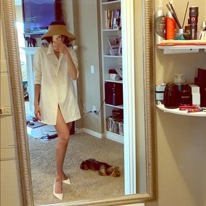 Vintage Ivory silk dress $130, Woven visor $40